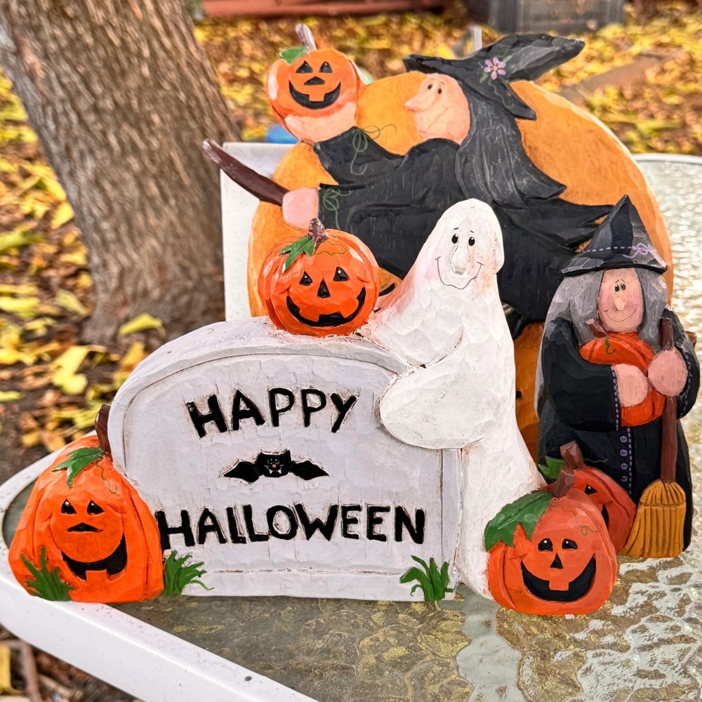 3 Piece Handcrafted Vintage Halloween Wood Cutout Witch Ghost Pumpkin Decor‎